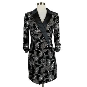 Adrianna Papell Women's Cocktail Dress Size 10 Black Sequin Velvet Tuxedo Sheath
